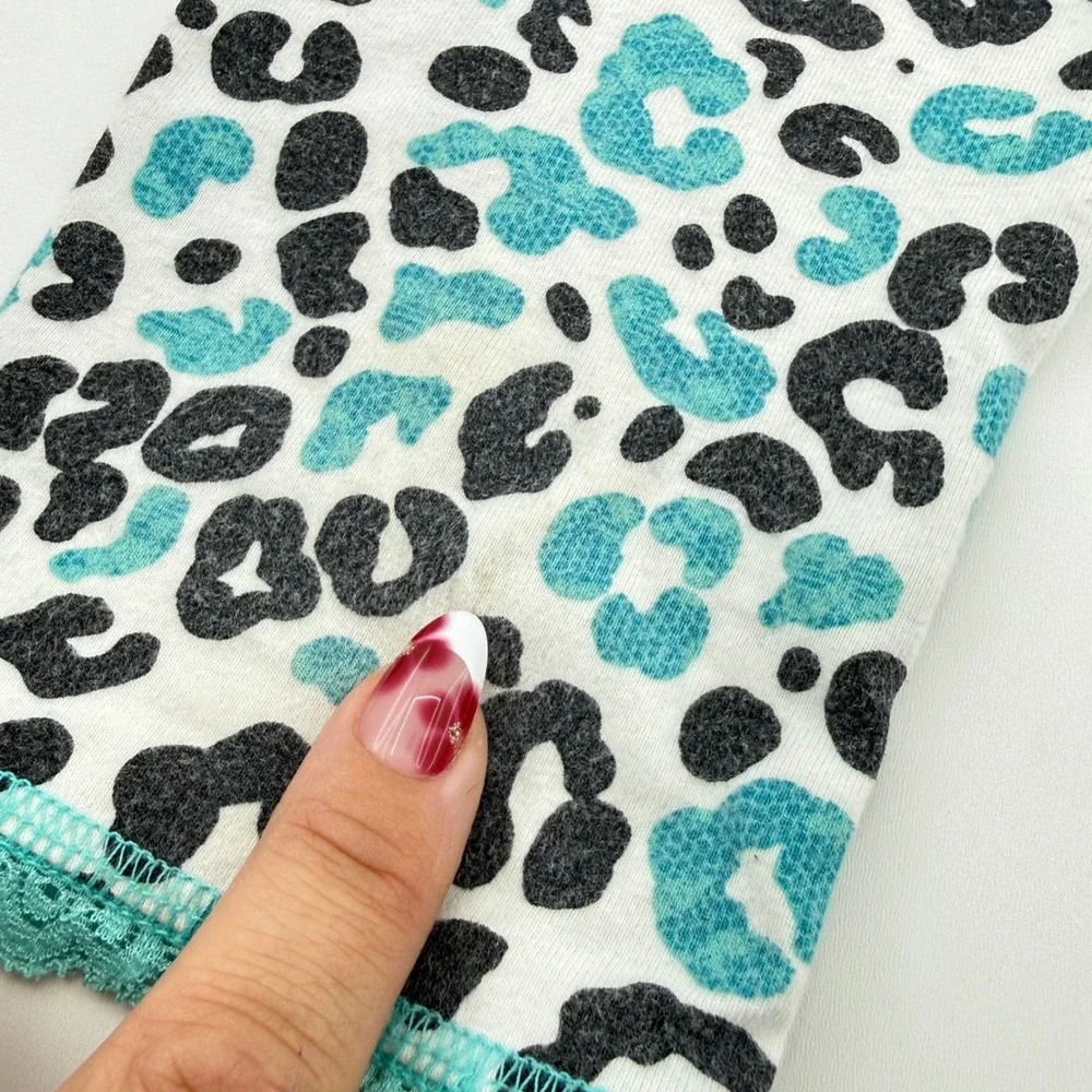 Justice Girls Y2K Leopard Print Cropped Leggings Teal & Black Lace Trim Size 6